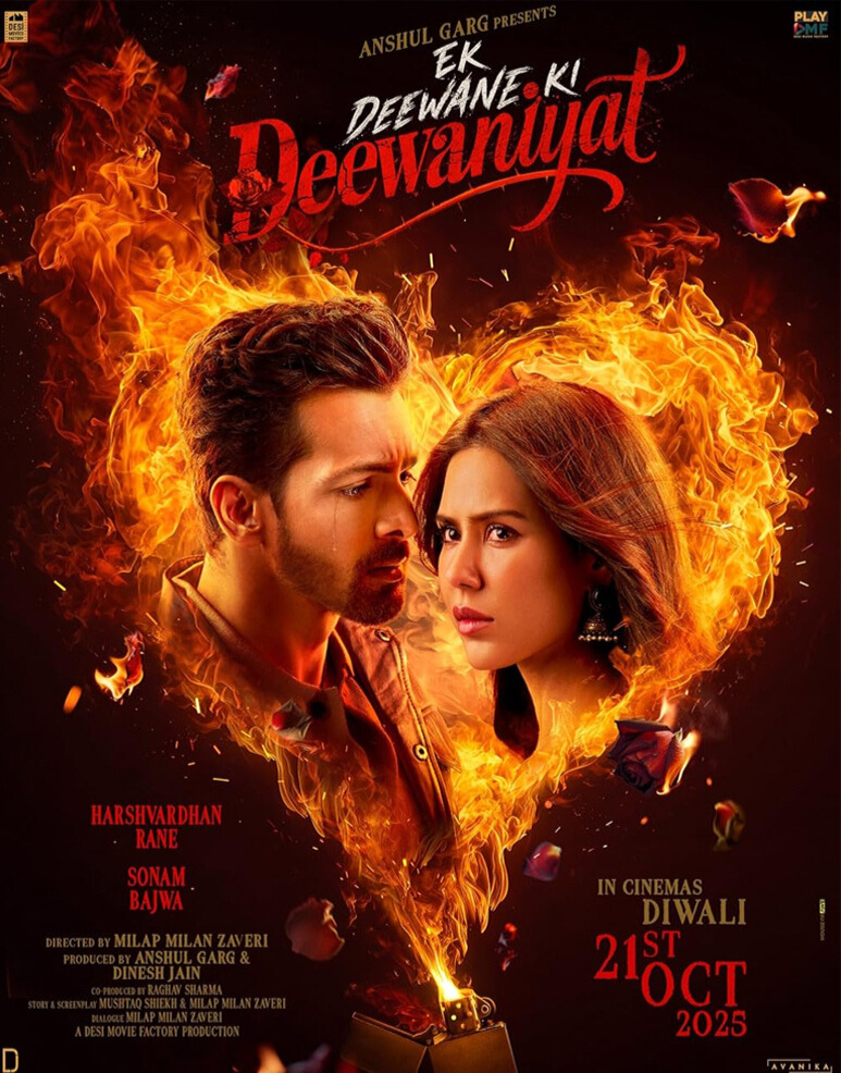 “Ek Deewane Ki Deewaniyat movie poster featuring Harshvardhan Rane and Sonam Bajwa.”