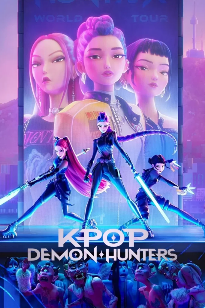  “KPop Demon Hunters team performing while battling supernatural demons”